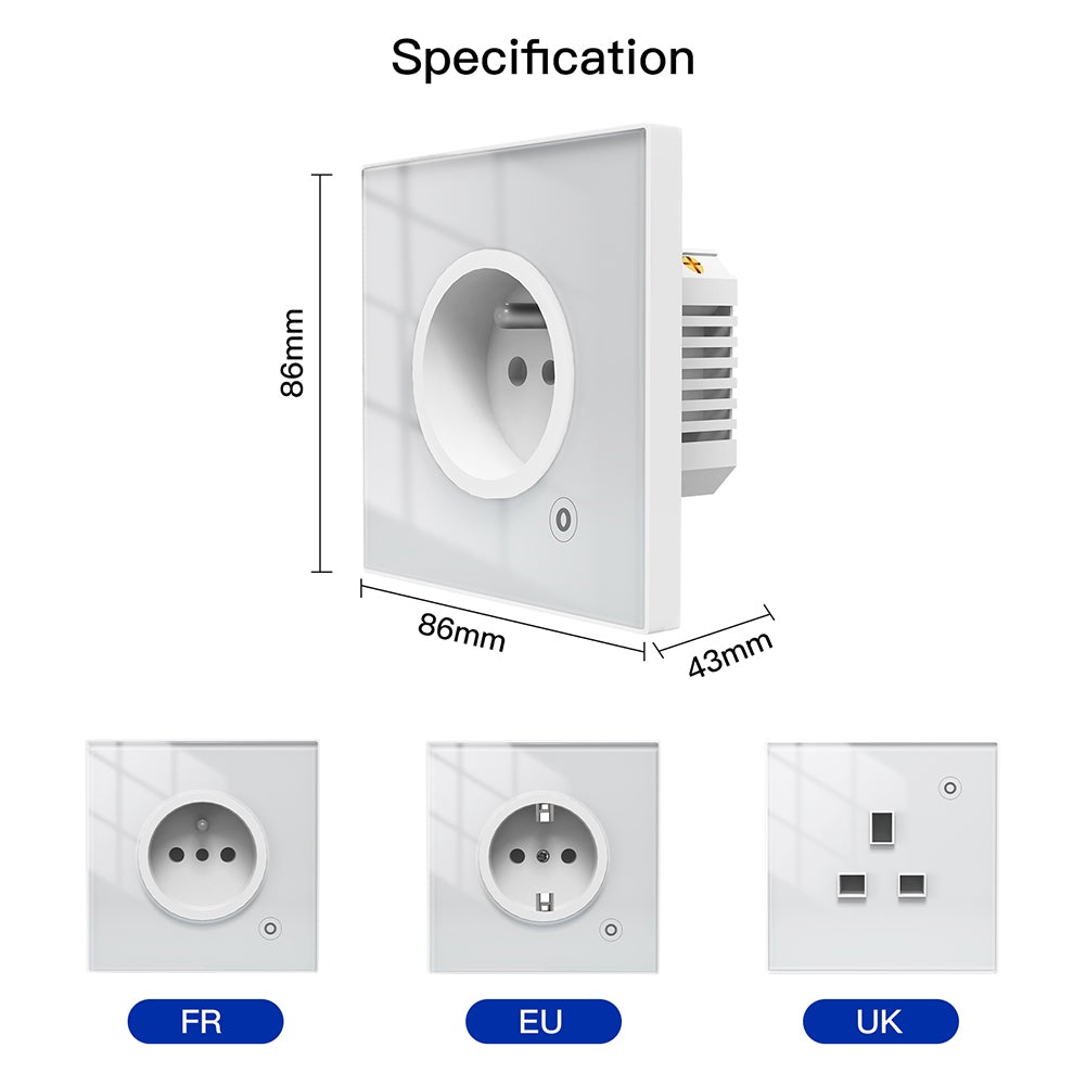 Dimensions de la prise encastrée 16A WiFi Moes WK-FR16M-XX-MS